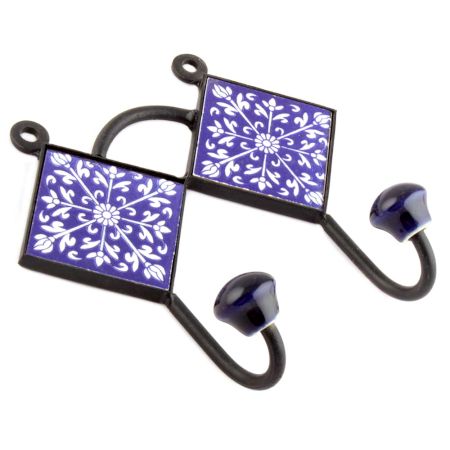 Navy Blue Ceramic Floral Tiles Hooks